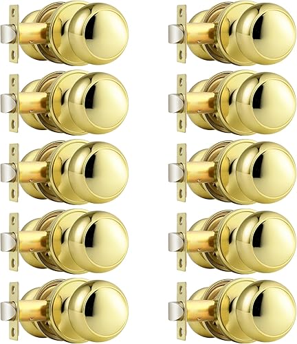 Probrico Perillas de puerta de paso, manijas de puerta de latón pulido, manijas de puerta de pasillo y armario, cerraduras sin llave, paquete de 10