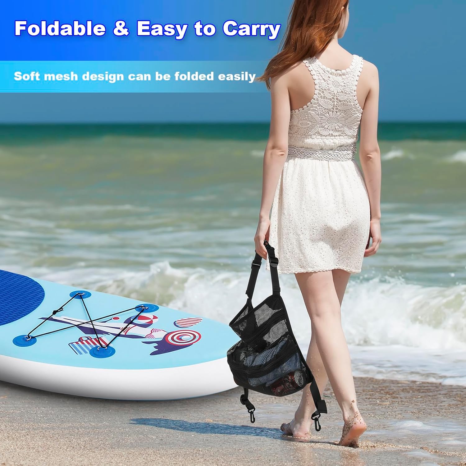 Cosmos Paddleboard Deck Bag 4-Hook SUP Board Storage Mesh Bag 2-Layer Mesh Zipper Carry Bag with Top Pocket for Kayak Surfboard Stand UP Paddleboard Accessories