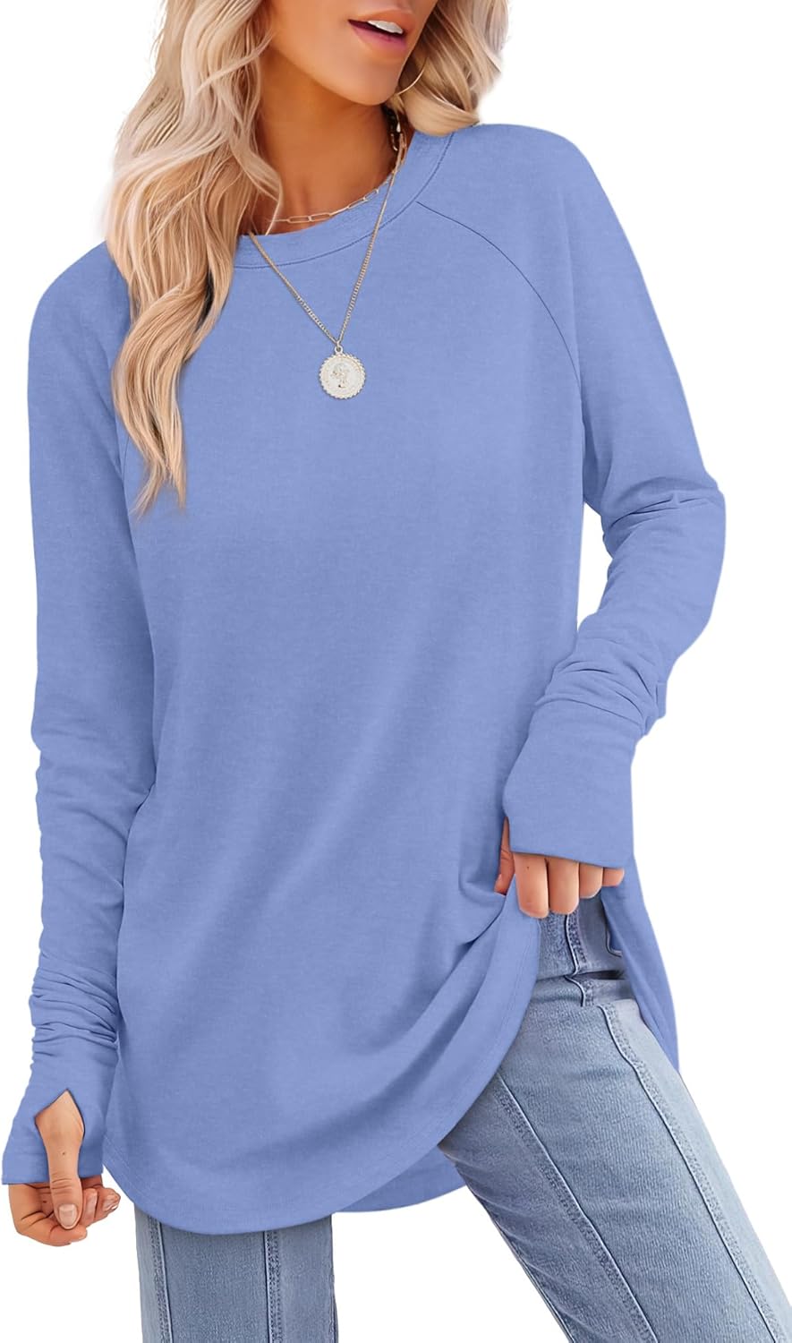 XIEERDUO Womens Tunic Tops to Wear with Leggings Long Sleeve Thumb Hole Shirts Crew Neck Curved Hem