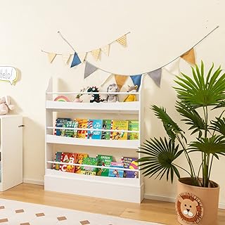 Costzon Kids Bookshelf, 3-Tier Wooden Book Shelf Organizer for Books and Toys, Toddler Space-Saving Wall Bookcase Conner Storage Rack for Bedroom, Living Room, Nursery, Playroom (White)