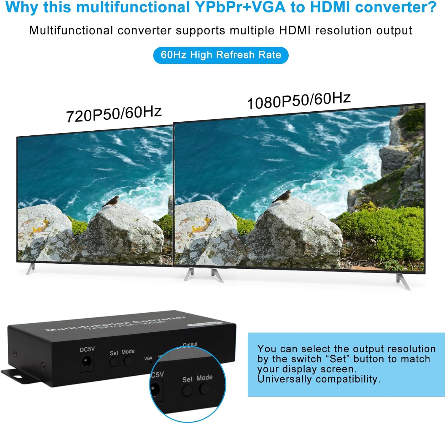 Wiistar YPbPr/VGA to HDMI Converter with Audio Scaler Function up to 1080P60Hz for PC Game Console HDTV Monitor Projector