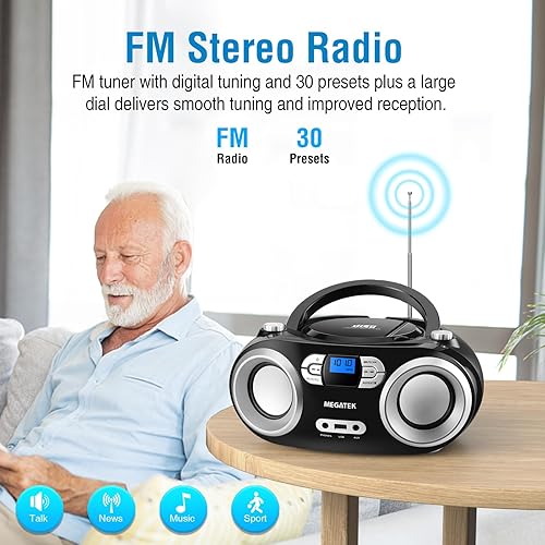 Miniatura 7 de MEGATEK Reproductor de CDRadioBluetooth Boombox con sonido estéreo mejorado reproducción de CD-RCD-RWMP3WMA puerto USB entrada AUX conector de Negro