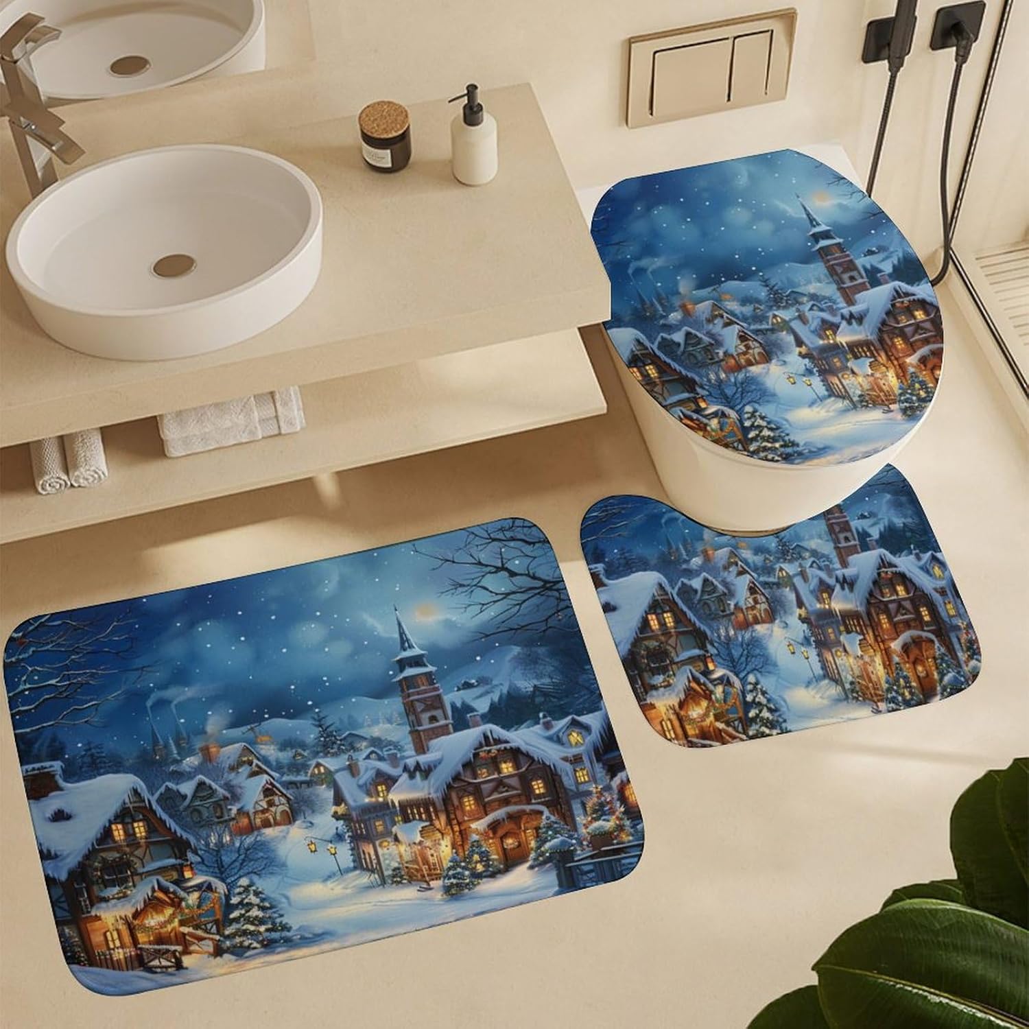 4Pcs Christmas Tree Town Cabin Shower Curtain Set with Toilet Lid Cover Non-Slip Rugs for Bathroom, Winter Snow House Shower Curtain Bathroom Sets with Hooks, 72x72 Inch