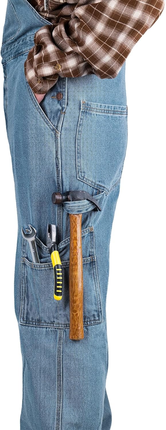 WORK IDEA Men's Denim Bib Overalls, Heavy Duty Cotton, Multi-Pocket Design with Hammer Loop for Carpenter - Image 4