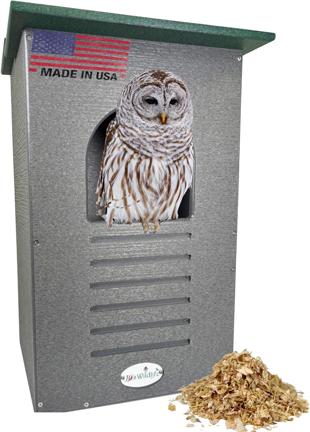 JCS Wildlife Recycled Poly Lumber Barred Owl House Nesting Box - Mounting Hardware and Pine Shavings Included - Dedicated Clean Out Door - Made in the USA (Gray)