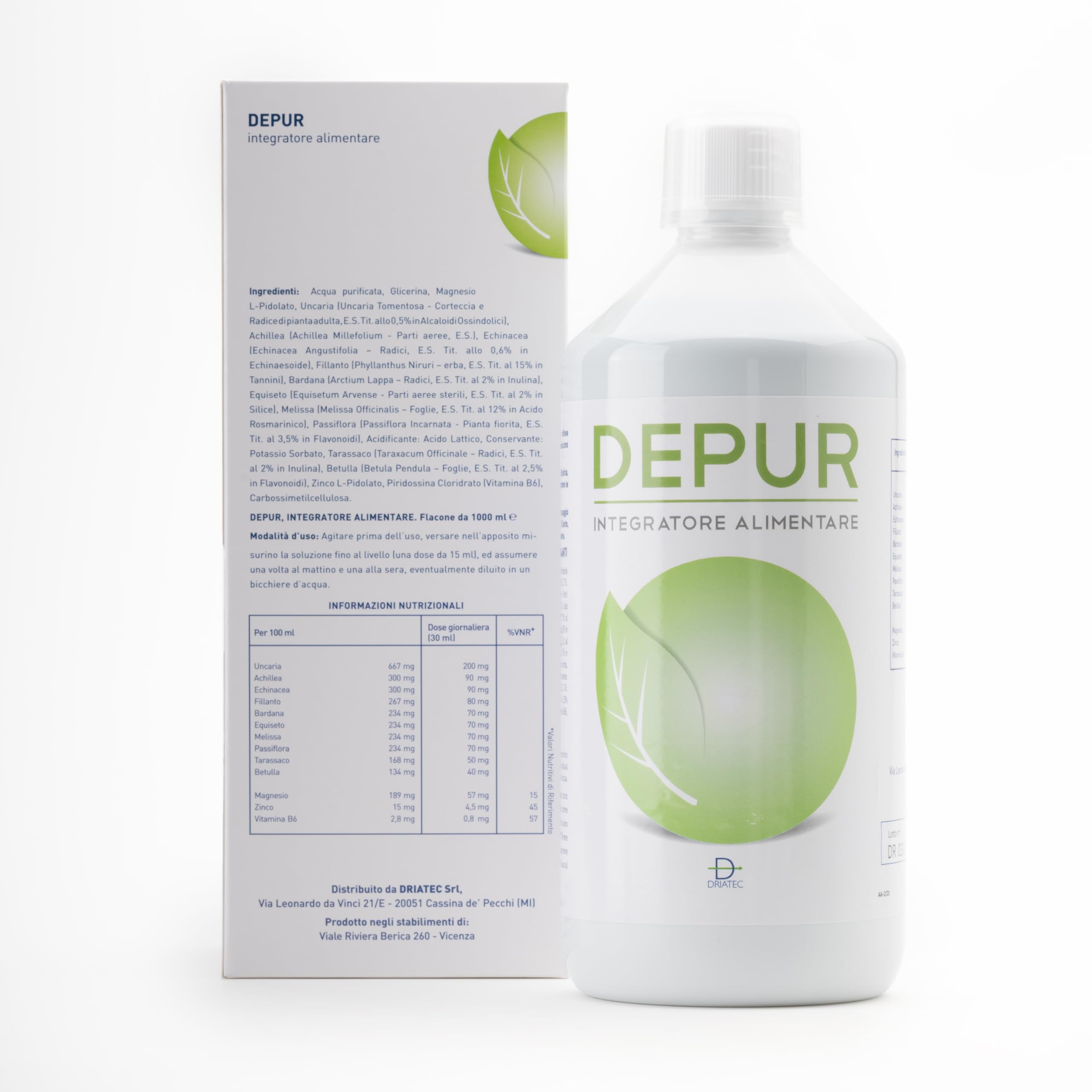 Depurativo Forte con Tarassaco Betulla Bardana e 10 Estratti Vegetali, Integratore Liquido per Ritenzione Idrica Drenante 1 Litro Depur Driatec