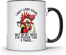 Funny Chicken Rooster Coffee Mug - I May Look Calm But in My Head I've Pecked You 3 Times 11oz Cup, Gift for Farmers/Farmhouse Chicken Lovers (AWFM110)