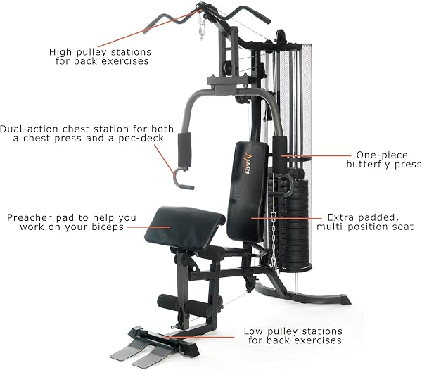 DKN Studio 7400 Compact Home Multi Gym Equipment w/Double Pulley, 80kg Weight Stack, Chest Station, Butterfly Press, Preacher Pad & Leg Developer for One Person Strength Training & Body Building - 2