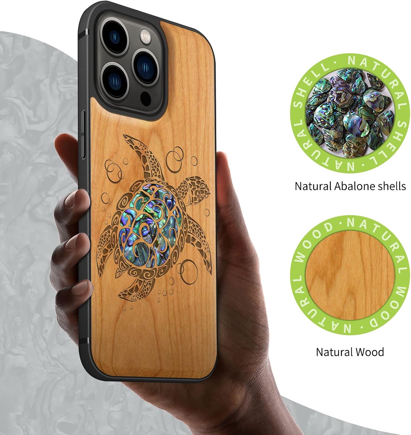 Carveit Designer Wooden Protective Case for iPhone 13 Pro Magnetic Cover [Wood Engraving & Shell Inlay] Wood Phone Case Compatible with 13 Pro MagSafe 6.1 Inch (Sea Turtle-Cherry)