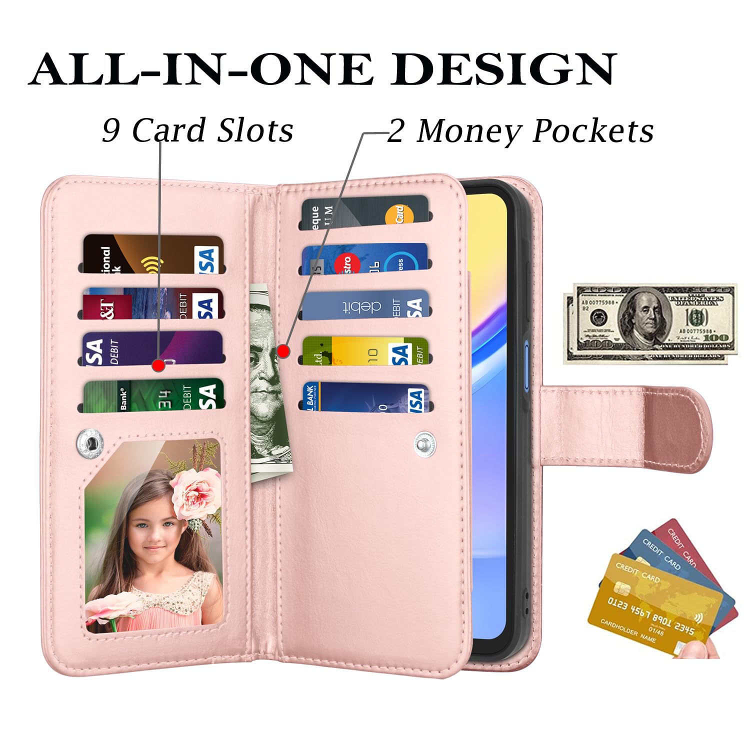 Takfox, Samsung Galaxy A15 5G Case, PU Leather Wallet, 9 Card Slots, Rose Gold