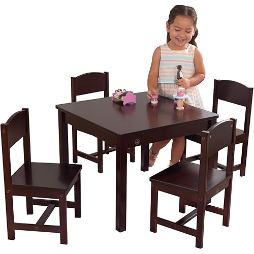 KidKraft Wooden Farmhouse Table & 4 Chairs Set, Children's Furniture for Arts and Activity, Espresso, Gift for Ages 3-8 23.6 x 23.6 x 19 inches