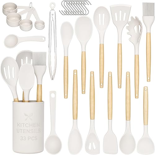 Miniatura 10 de Juego de utensilios de cocina de silicona de 33 piezas con soporte, resistentes al calor, utensilios de cocina antiadherentes con asas de madera,