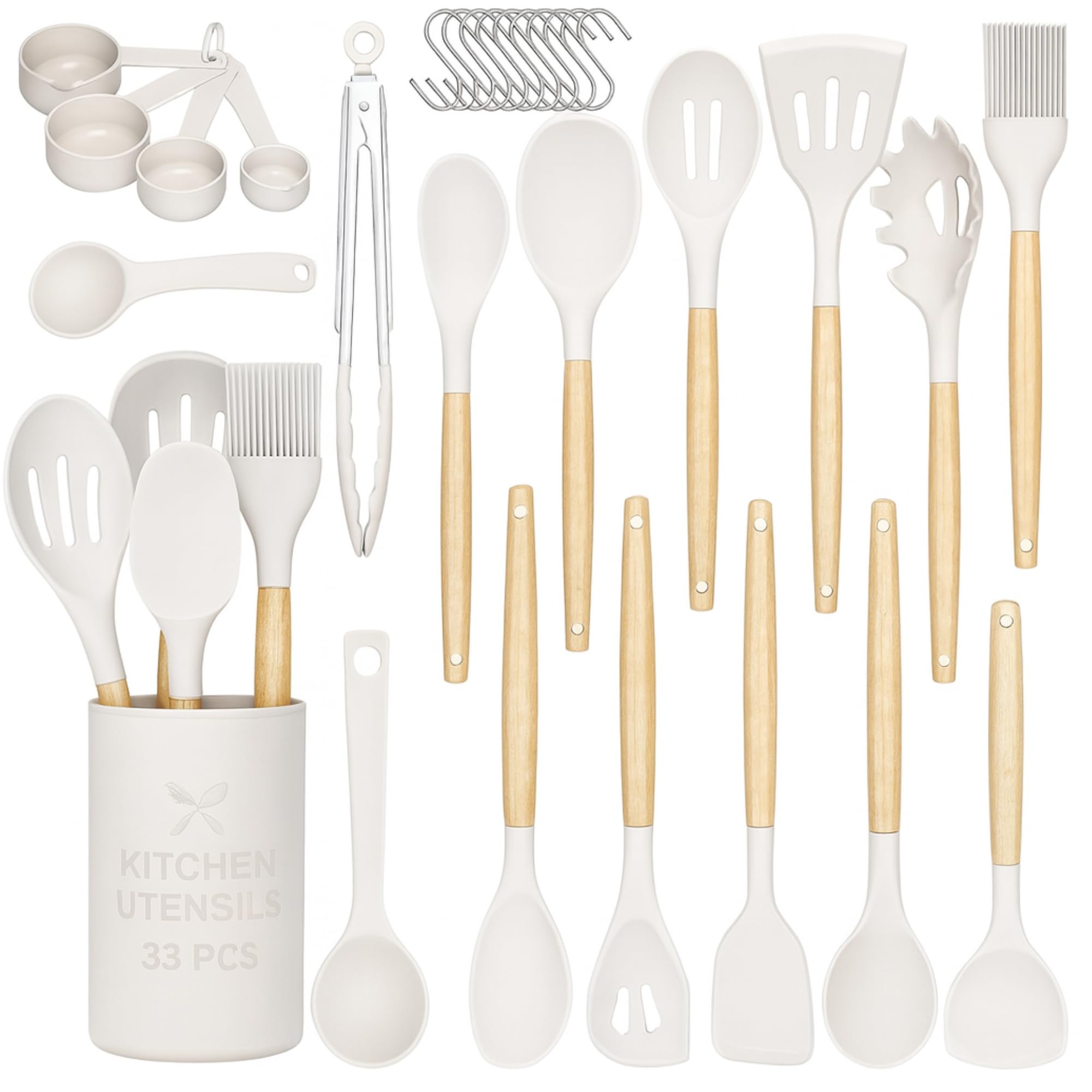 Juego de utensilios de cocina de silicona, 33 piezas, antiadherentes con mango de madera, juego de espátulas de silicona resistentes al calor con soporte (beige)
