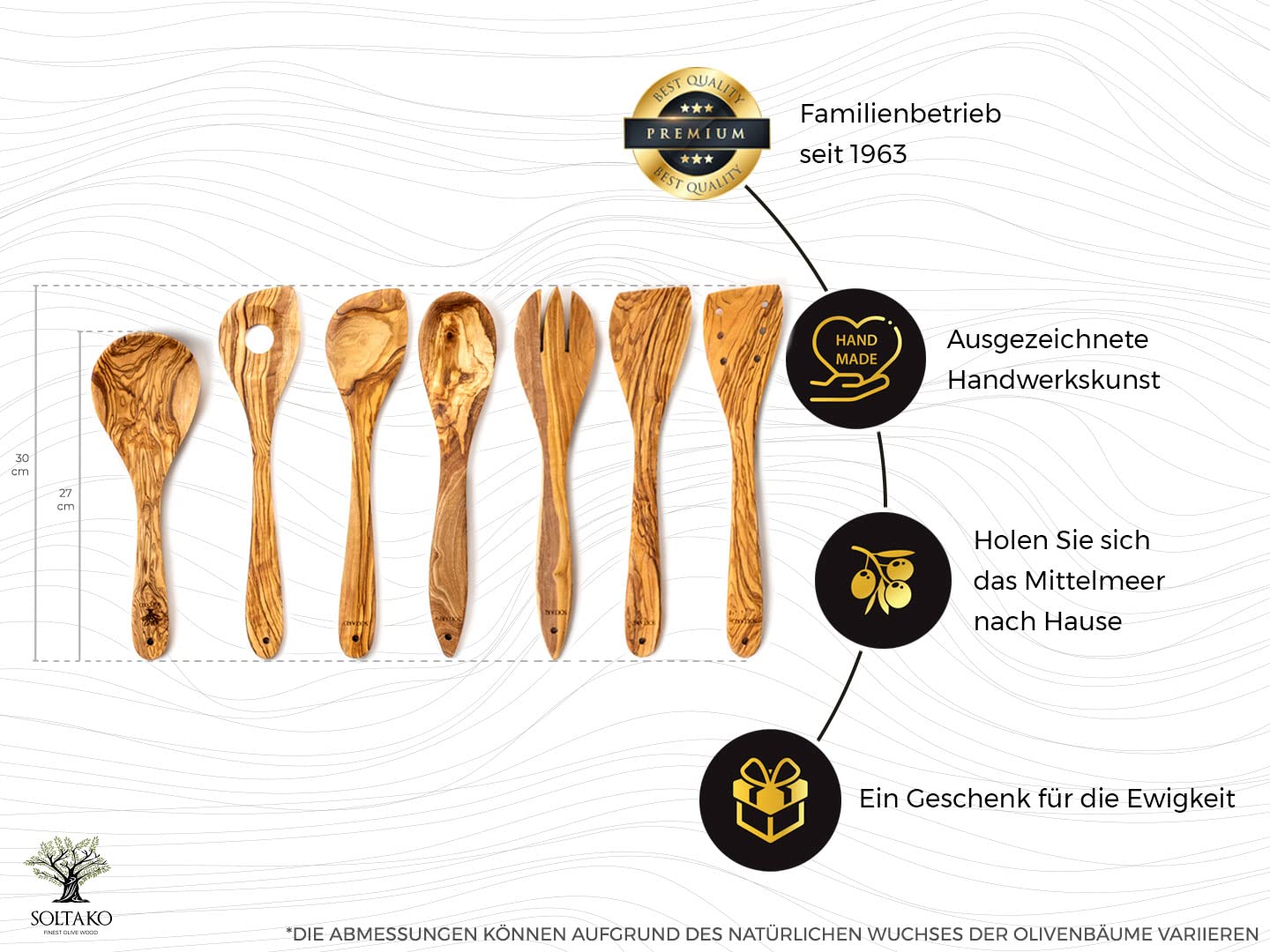 SOLTAKO Olivenholz Küchenutensilien 7er Set "Le Gourmet"