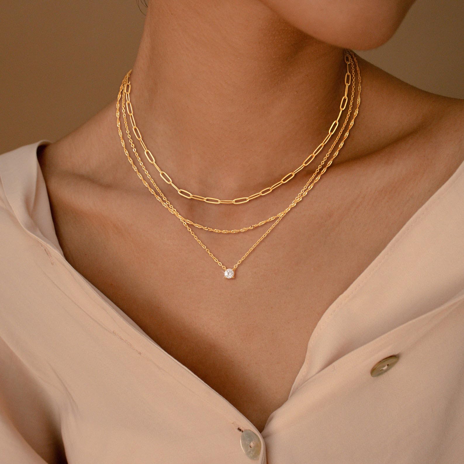 Collares escalonados chapados en oro de 14 quilates para mujer, delicado collar de cadena chapada en oro y plata, collar con colgante de circonita cúbica, gargantilla ajustable en capas, regalo 4