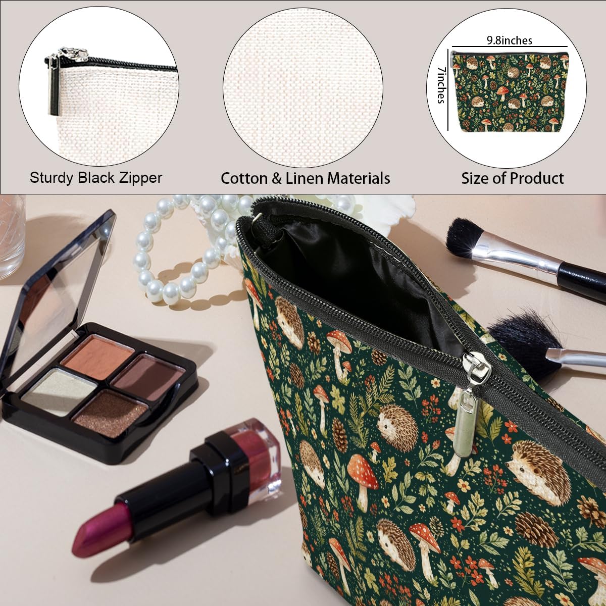 Cute Forest Hedgehog Makeup Bag Cosmetic Bag, Cottagecore Makeup Organizer image 3