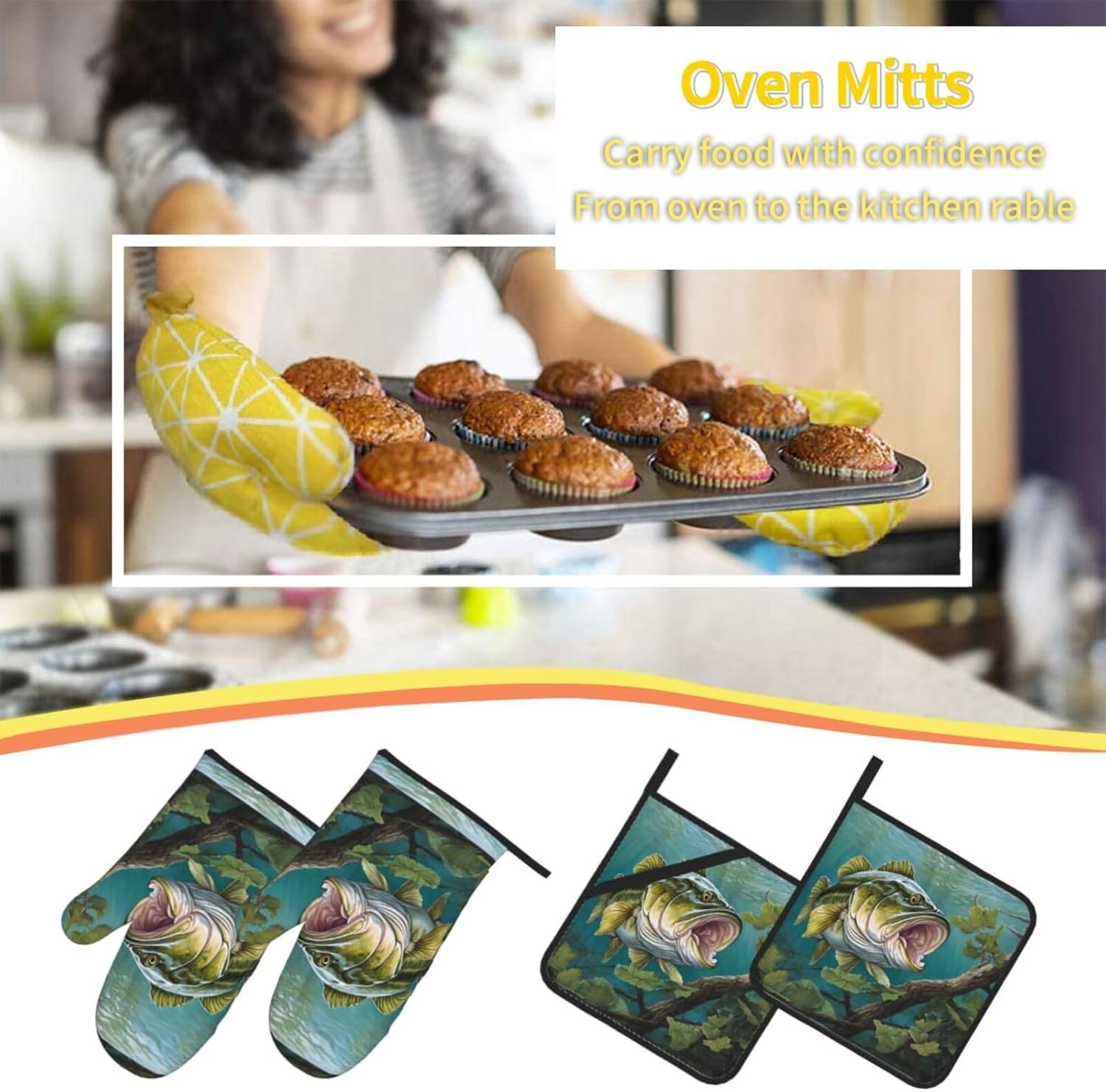 (Bass Fishing Wave) Baking 4-Piece Set: 2 Oven Mitts and 2 Pot Holders Heat Resistant Waterproof Hanging Loop for Kitchen Oven Grill Housewarming Gifts