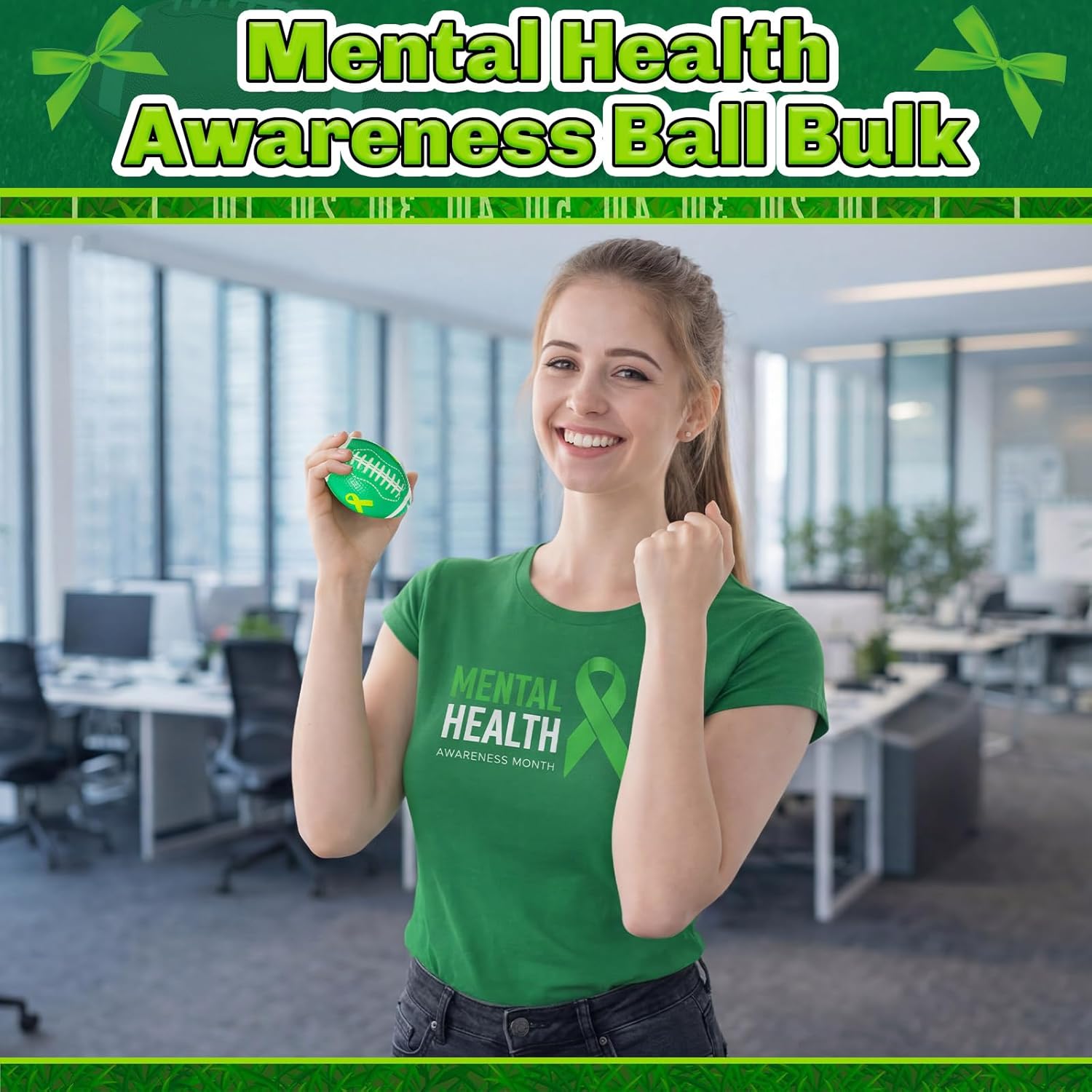 Skylety 108 Pcs Mental Health Awareness Football Bulk Stress Relief Ball Mental Health Awareness Month Items Green Ribbon Mini Foam Football Gifts for Fundraisers Charity Public Social Giveaways