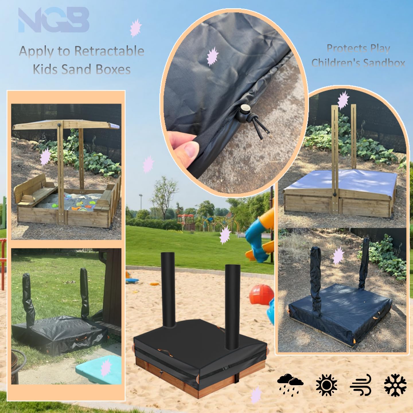 Kids Sandbox Cover Features two night vision handles and 5.3-meter buckle webbing strap Equipped with an elastic drawstring at the bottom Suitable for canopy equipped folding sandboxes49"Wx49"Dx9/49"H