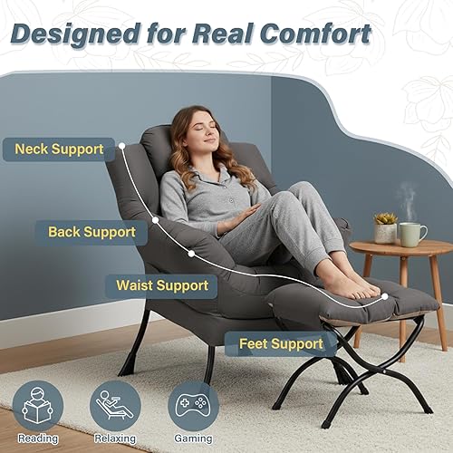 Miniatura 8 de Silla perezosa con otomana, moderna silla de descanso grande con reposabrazos y bolsillo lateral, sofá tapizado de ocio con sillón de lectura y