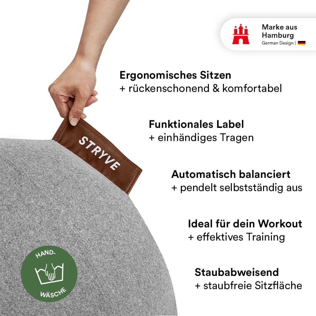 STRYVE Sitzball Büro 65,70cm - 100% Merinowolle - Ergonomischer Gymnastikball mit waschbarem Bezug und Wegrollschutz, inkl. Luftpumpe - Bis 150kg - Als Bürostuhl, Hocker (Wollfilz Light Grey, 65cm)