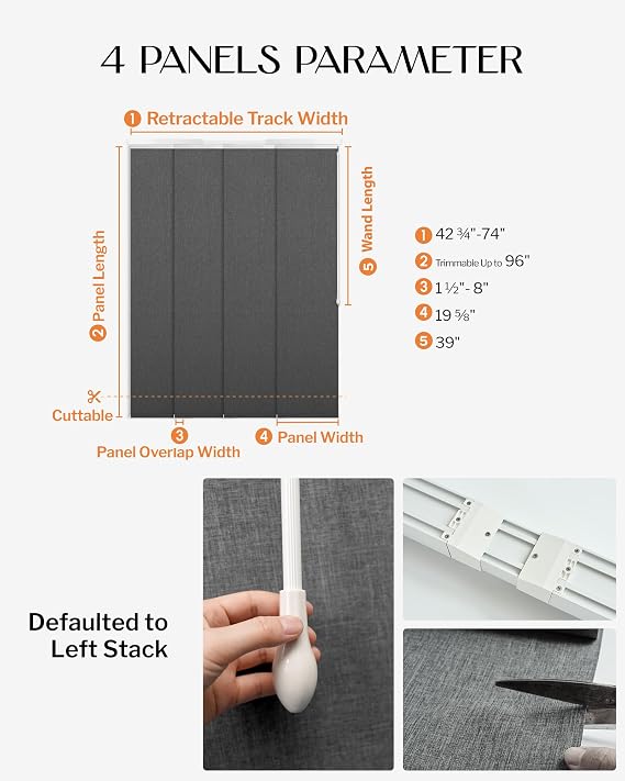 Adjustable Vertical Blinds for Sliding Glass Door 74 W x 96 H | Blackout Panel Track Blinds, 43-74 Retractable, Height Adjustable, Patio Door Blinds, Room Dividers, Dark Grey