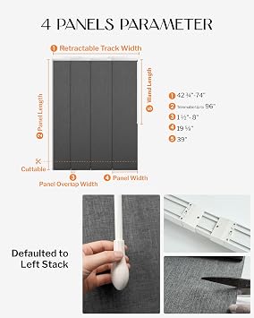 Adjustable Vertical Blinds for Sliding Glass Door 74 W x 96 H | Blackout Panel Track Blinds, 43-74 Retractable, Height Adjustable, Patio Door Blinds, Room Dividers, Dark Grey