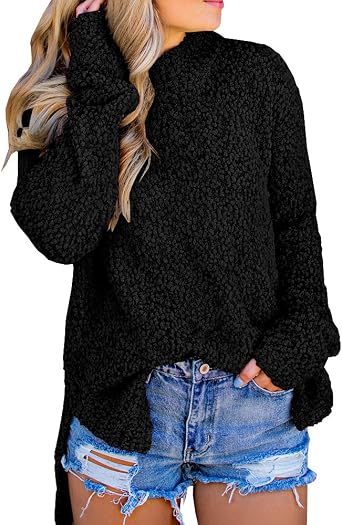 Imily Bela Womens Fuzzy Knitted Sweater Sherpa Fleece Side Slit Full Sleeve Jumper Outwears