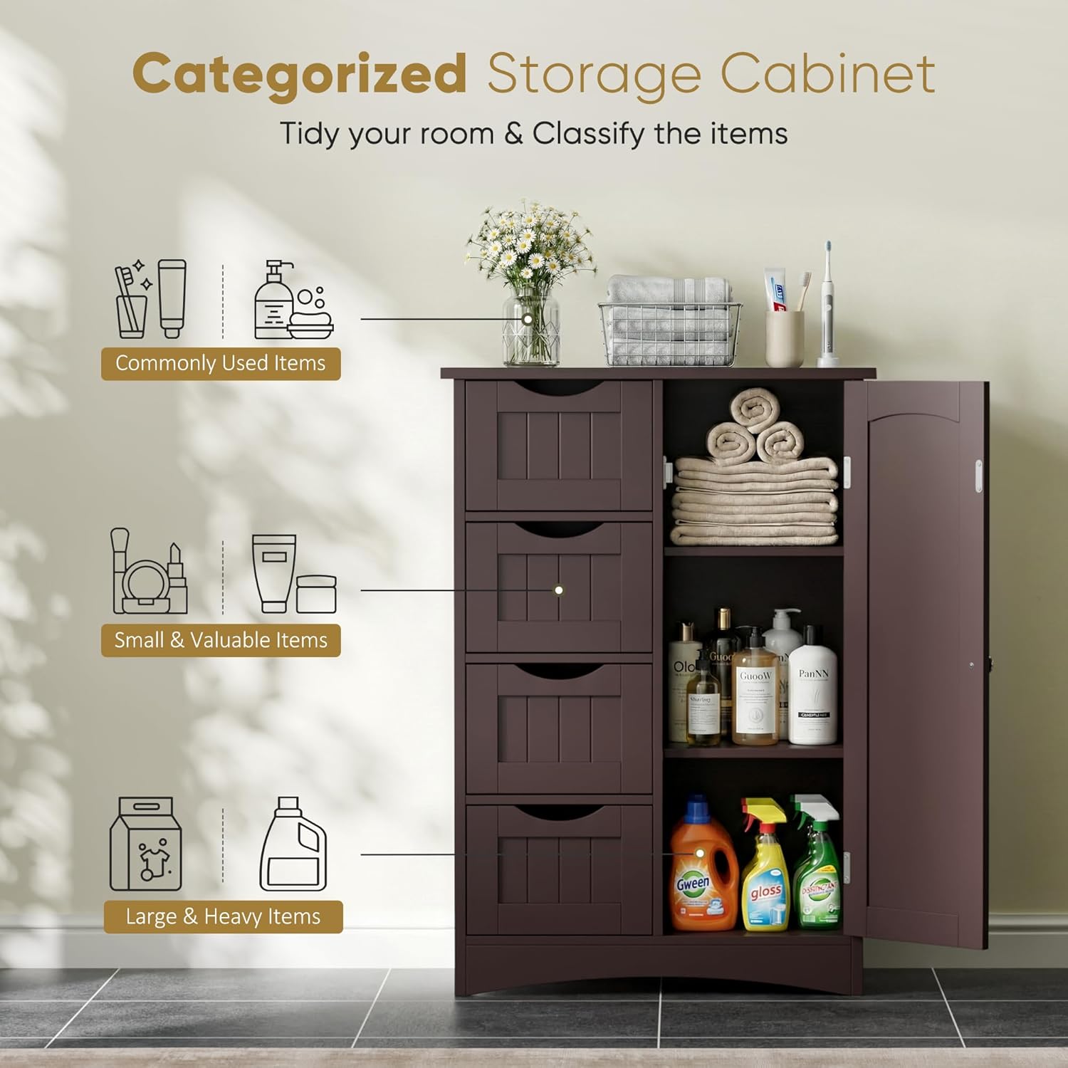 SUPER DEAL Bathroom Storage Cabinet with 4 Drawers and 1 Cupboard, Entryway Home Decor Furniture Towels Storage Organizer Unit, Brown