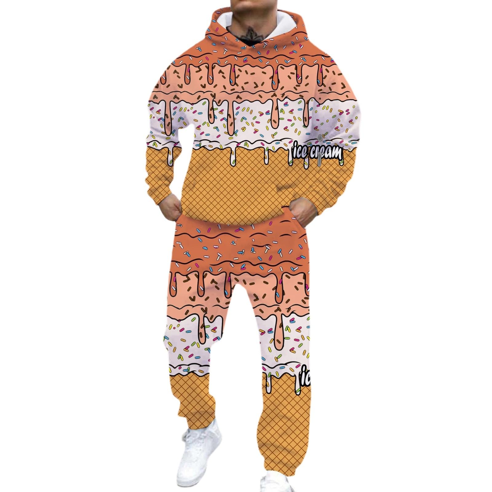 Generisch Trainingsanzug Herren Ice Cream Druck Gradientenfarbe Jogginganzug Baumwolle Sportanzug Y2k Streatwear Zweiteiler Langarm Hoodies und Jogginghosen Set Bequeme Hausanzug mit Taschen