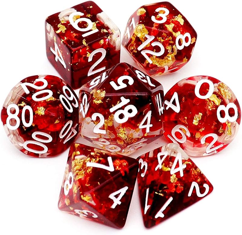 Red Clear DND Dice Set, 7 Pcs Gold Foil Resin Polyhedral RPG Dice | Role Playing Games Dice with Velvet Bag, Rounded Edge, Compatible with Dungeons and Dragons, Gifts for D&D Lovers