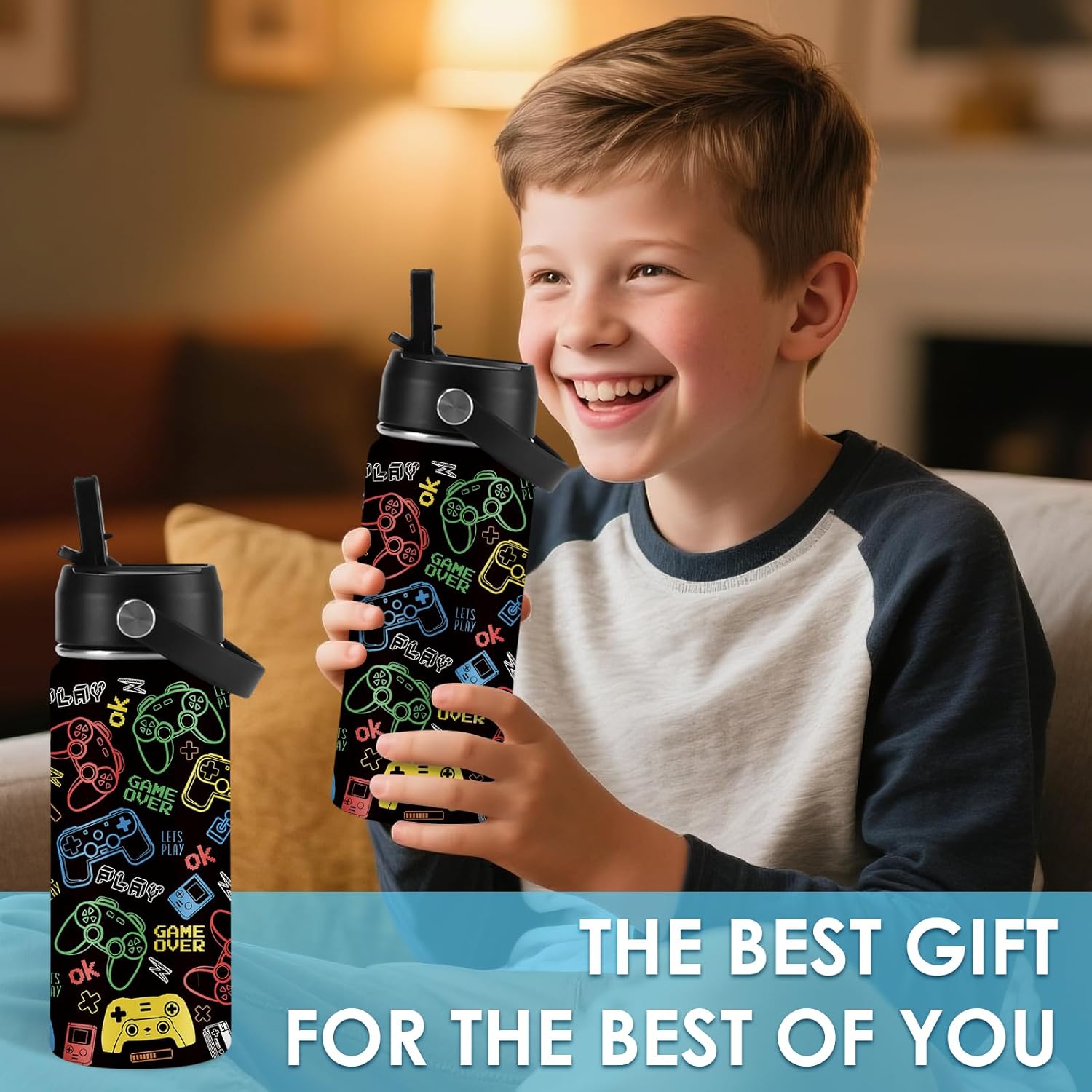 Game Gift for Boys Girls - 16oz Water Bottle with Straw Lid, Gamer Insulated Bottle for Kids, Leak-proof, BPA-Free, Stainless Steel Water Bottles for School Travel, Game Lover Christmas Gifts Cup(1pc) - Image 9