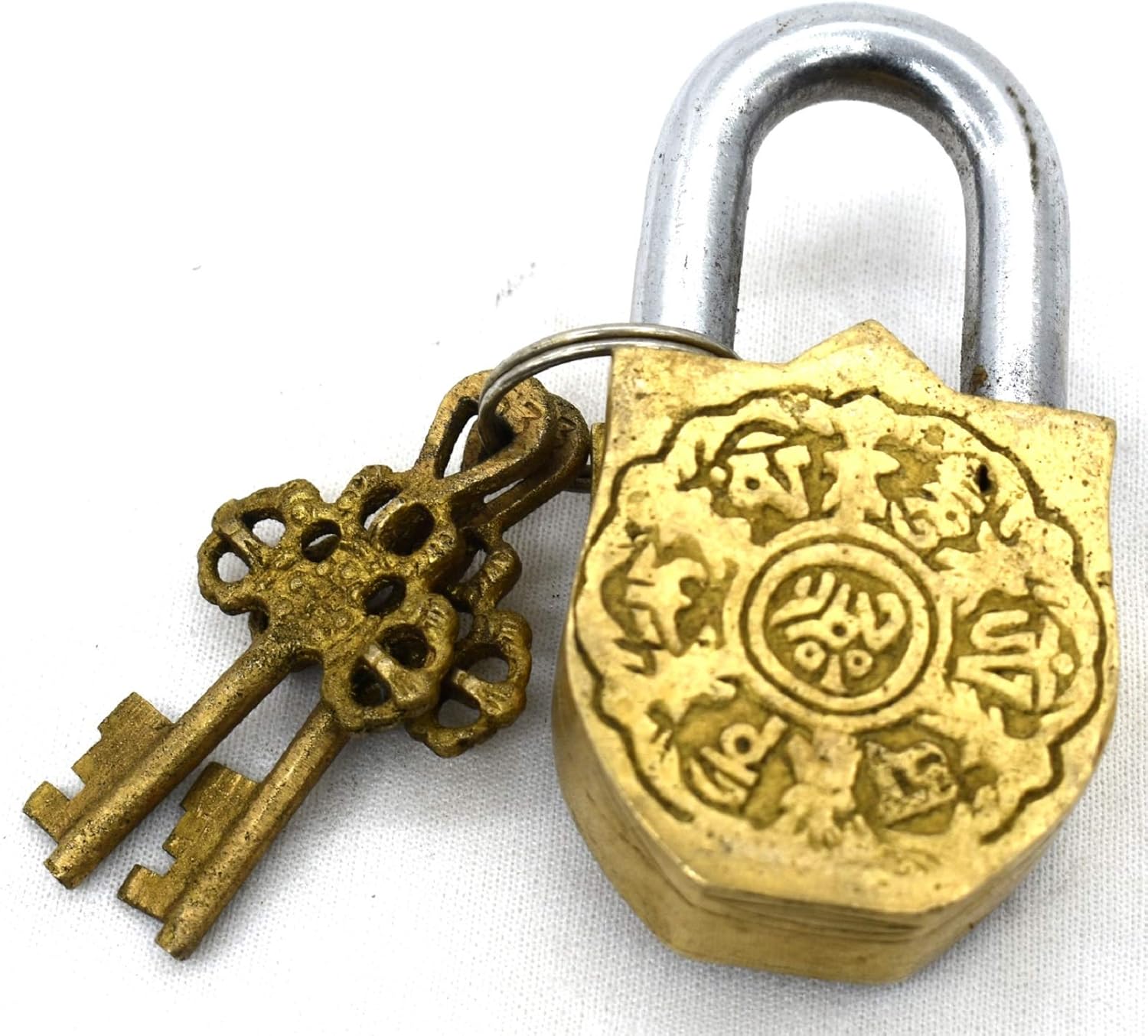 Brass Caption Lock Padlock Antique Design Handcrafted Stone Work Collectible Decorative Showpiece PL-05