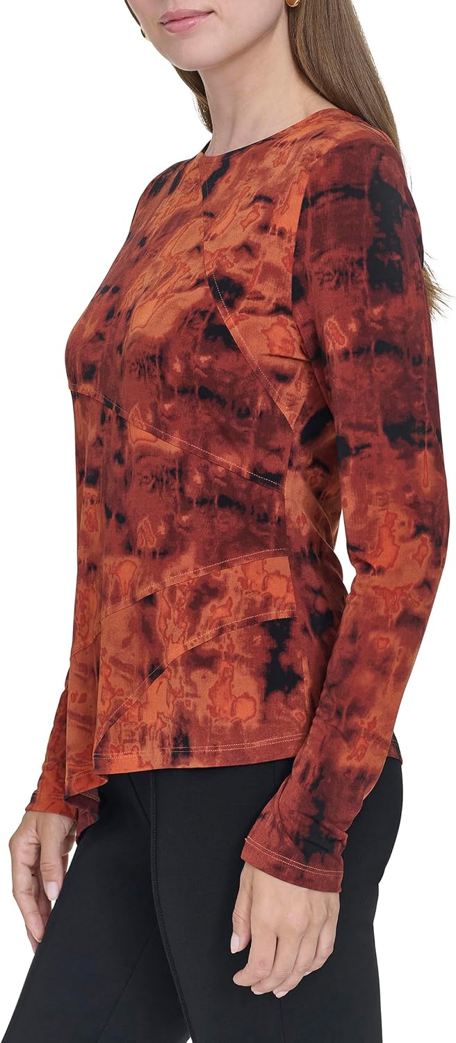 Halston Women's Aysmetrical Hem Seemed Long Sleeve Printed Jersey Knit