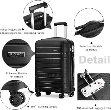 Kono Medium Hard Shell Suitcase 24 Inch Lightweight PP Material Carry On Trolley Case Travel Hand Luggage with TSA Lock 4 Spinner Wheels(Black, M(65cm, 52L))