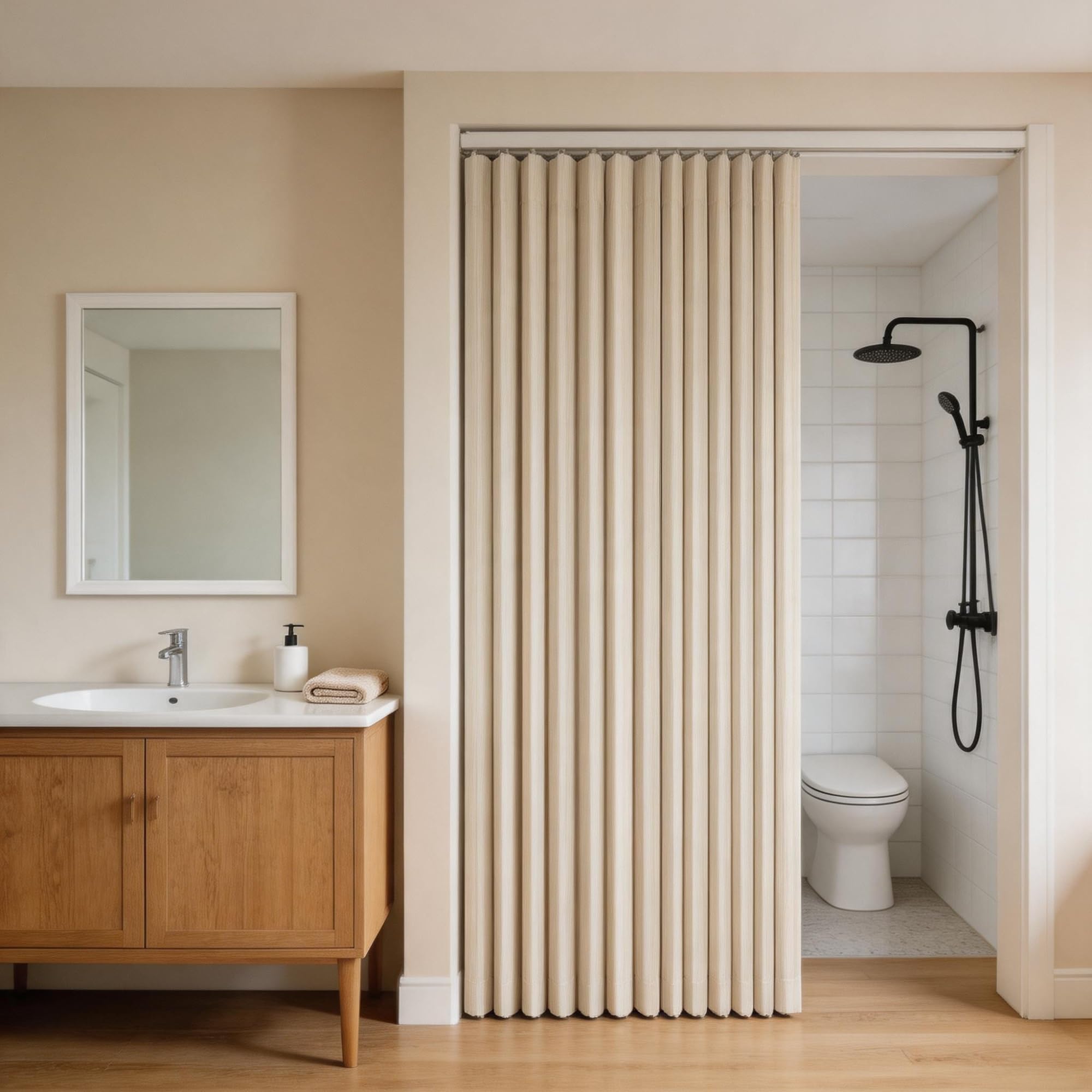 Cortina divisoria de ambientes con Textura Plisada para Puertas — Biombo Plegable sin Perforaciones — con Aislamiento térmico para dormitorios, armarios y lavadero(Green,240x220cm/94.5x86.6)