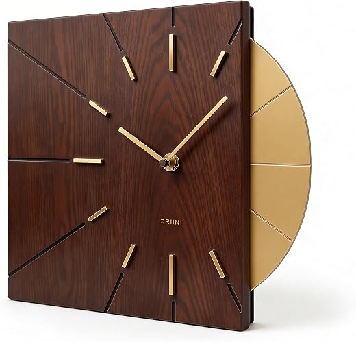 Driini Clocks Mid Century Modern Wall Clock - Square Wood Clock with Decorative Gold Accent- Unique and Cool Clock, Battery Operated - MCM Decor & Decorative Wall Clock for Mid Century Modern Decor.