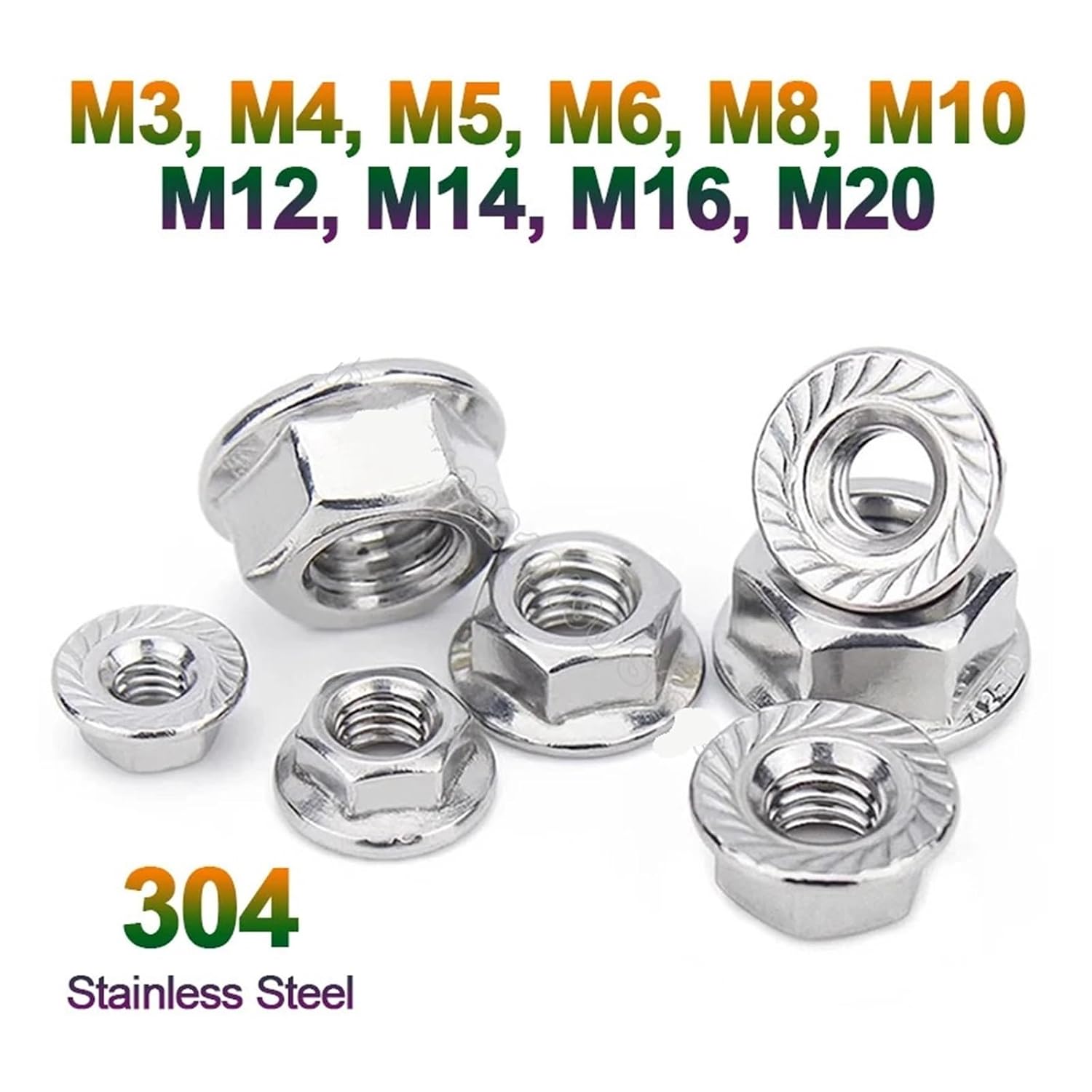 5-20Pcs Hexagon Flange Nuts M3 M4 M5 M6 M8 M10 M12 M16 M20 304 Stainless Steel Pinking Automatic Locking Nut Serrated Spinlock(20pcs,M12)