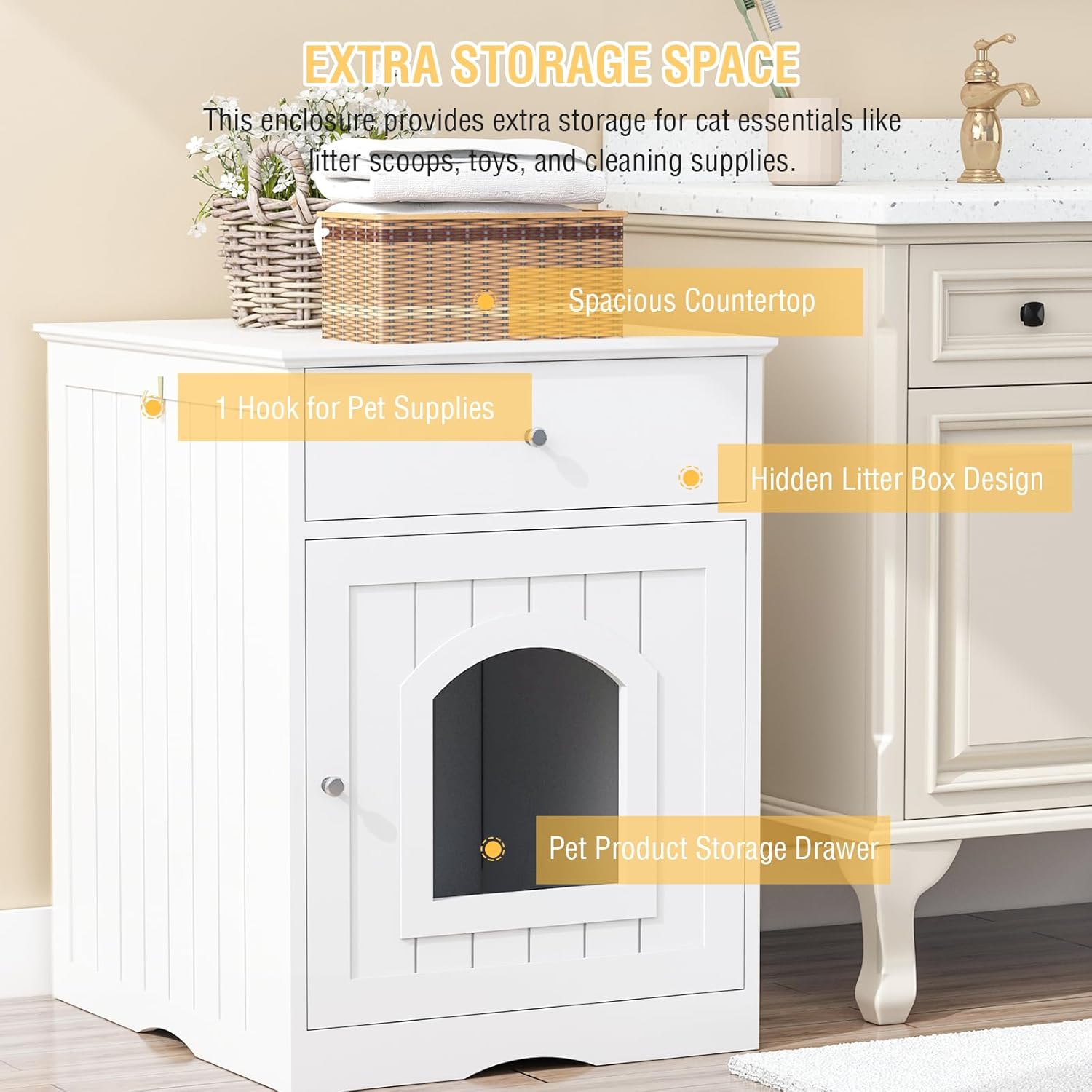 Cat Litter Box Enclosure-Hidden Decorative Cat Litter Box Furniture, Large Indoor Pet House with Drawer and Side Hook for Bedroom,Living Room,Bathroom(White)