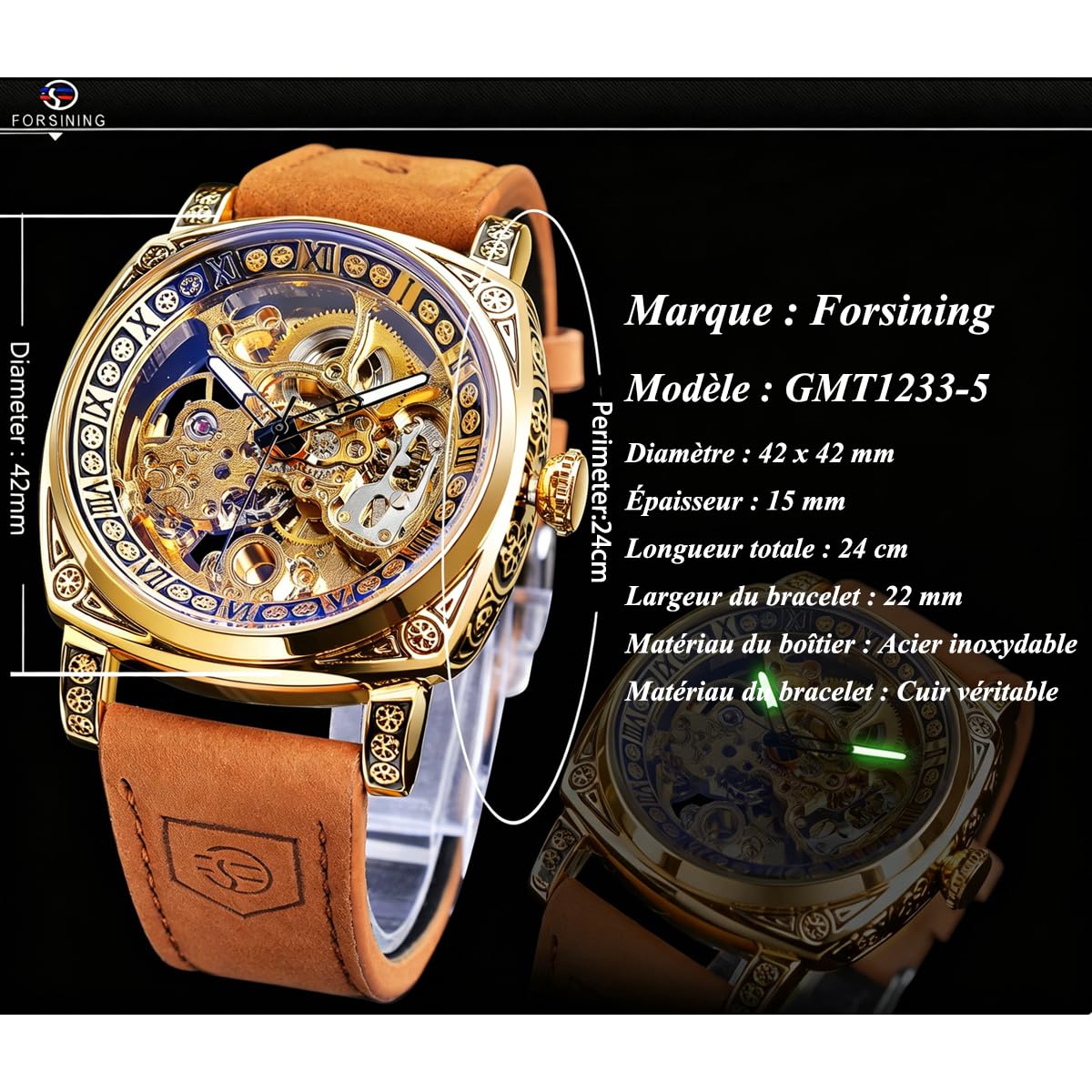 FORSINING Montre Homme Mécanique Automatique Carrée Squelette Dorée, Bracelet en Cuir Vintage Style Rétro, Étanche, Montre Bracelet Classique pour Homme