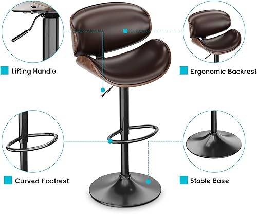 Miniatura 7 de ONME Juego de 2 taburetes de bar giratorios de altura ajustable Bentwood, silla de bar tapizada de piel sintética con respaldo y reposapiés, silla