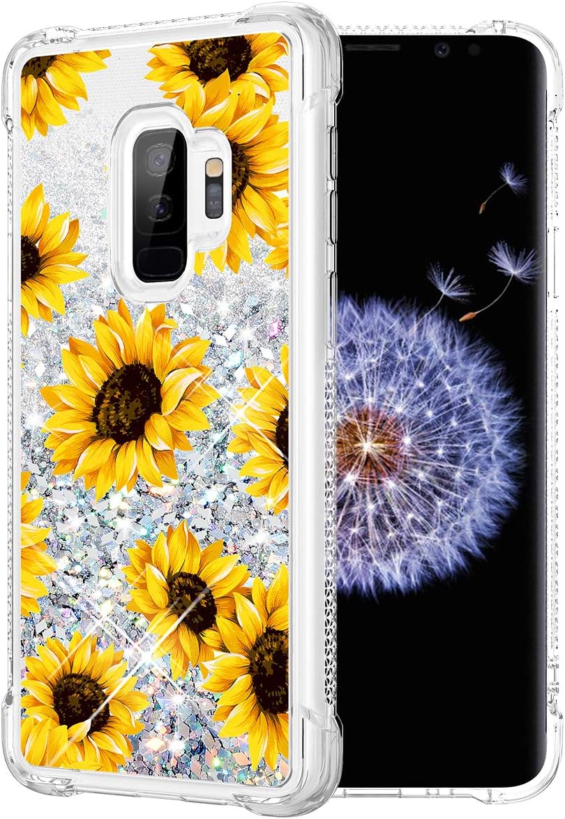 Caka Glitter Case for Galaxy S9 Plus Case Glitter Flower Sunflower Bling Luxury Fashion Flowing Liquid Floating Quicksand Sparkle Glitter Soft TPU Case for Samsung Galaxy S9 Plus (Sunflower)