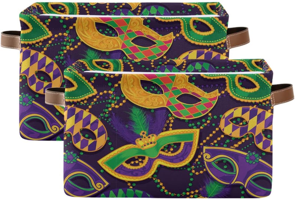 Mardi Gras Accessories Mask Beads Confetti Feather Storage Basket Fabric Laundry Baskets Fleur de Lis Purple Gold Green Storage Boxes Organizer Bag Cloth Toy Book Storage Cubes Shelf Bins 16×12×8
