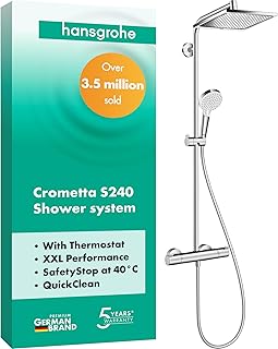 hansgrohe Crometta E - sistema de ducha con termostato, ducha lluvia (240 x 240 mm) con grifo, ducha de mano (2 tipos de chorro), flexo, barra, ducha fija rectangular, cromo, 27271000