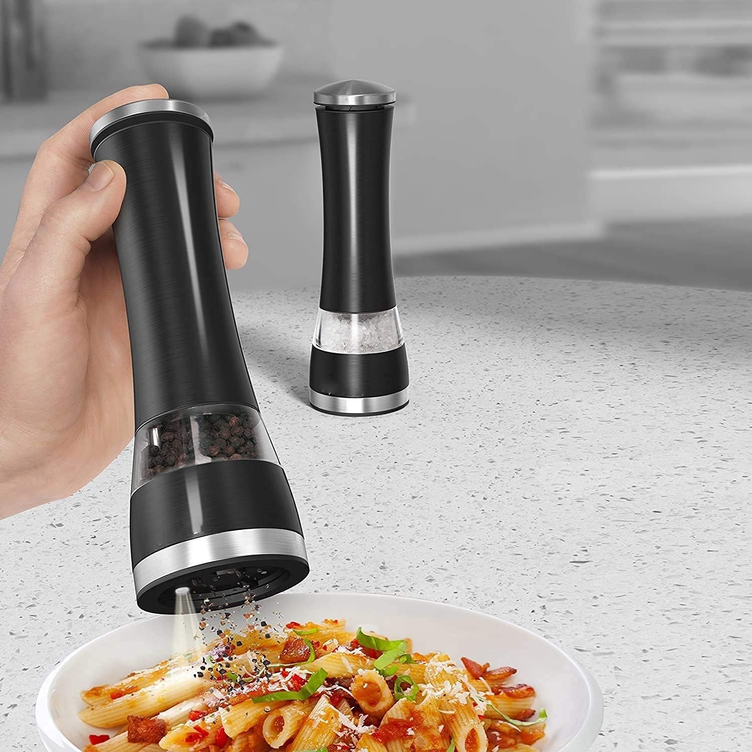 Electric Salt and Pepper Grinder Set - Automatic, Battery Operated Stainless Steel Spice Mills with Light - One Handed Push Button Peppercorn Grinders and Sea Salt Mills, 2Pcs