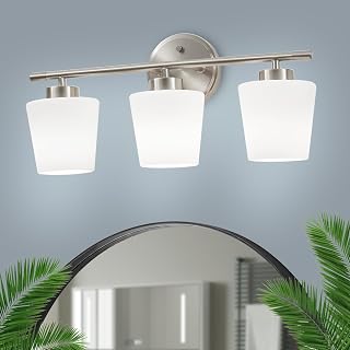 19 Inches Brushed Nickel Vanity Light for Bathroom 3 Light Bathroom Light Fixtures over Mirror Milk Glass Makeup Shower Lamp Farmhouse Wall Sconce Modern Desk Vintage Rustic Bath Sink Lighting