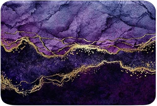 Alfombra de baño de mármol morado, alfombra de baño abstracta dorada y púrpura, alfombra de arte fluida de tinta iridiscente, alfombra de arte disponible en Yaxa Peru
