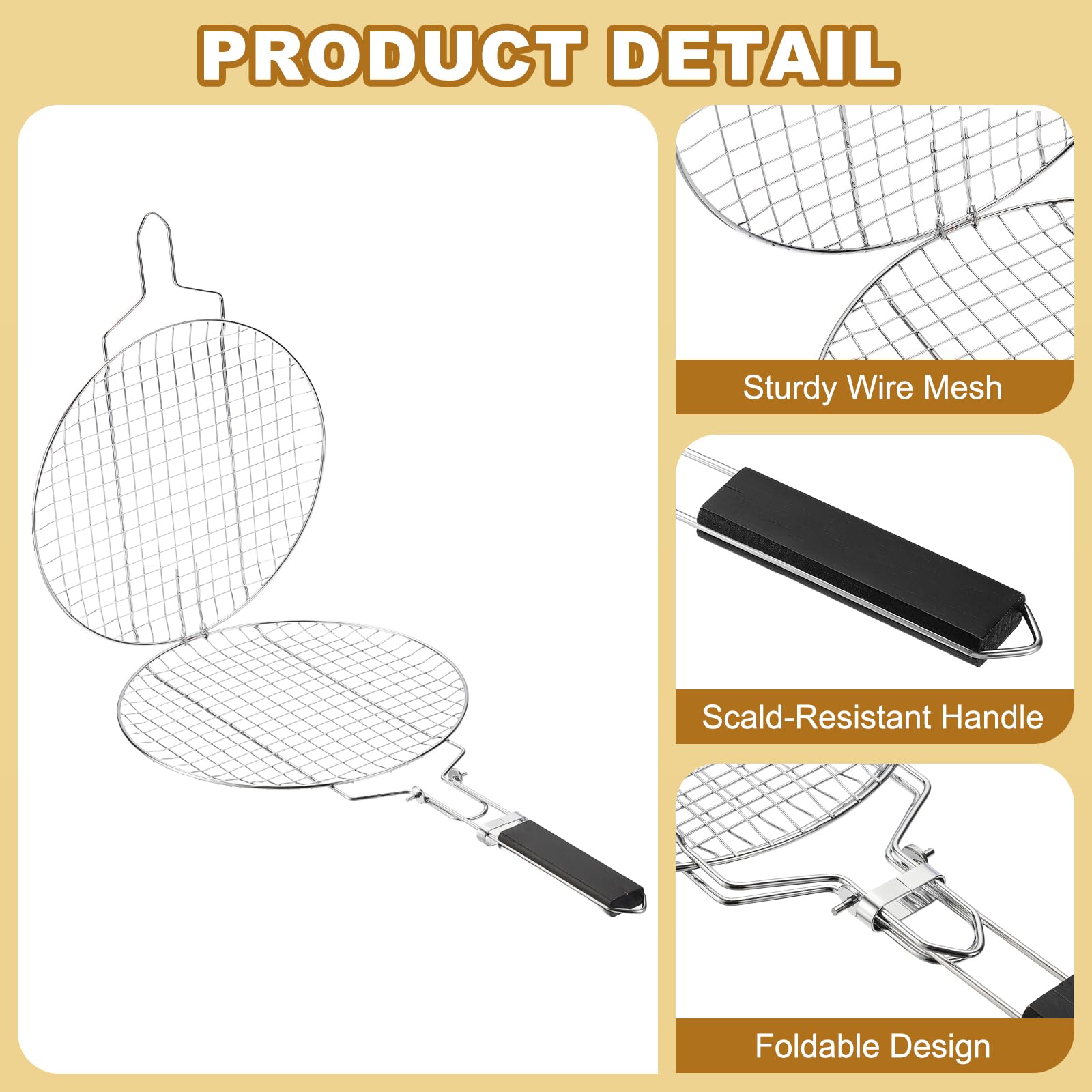 sourcing map Griglia per pesce, in acciaio inox, rotonda, pieghevole, portatile, da campeggio, con manico rimovibile, per carne, pesce, verdure