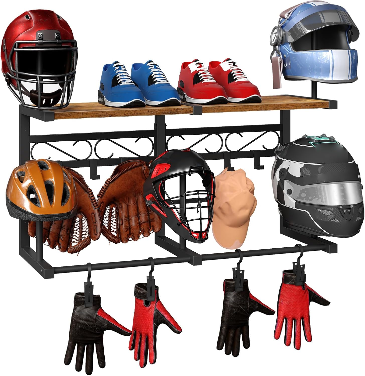 HOOBRO Motorcycle Helmet Rack Wall Mount, Helmet Holder with Hanging Rod, Storage Display Rack with 4 Glove Clamps and 6 Hooks, for Motorcycle Gear and Accessories, Rustic Brown and Black BF01TK01