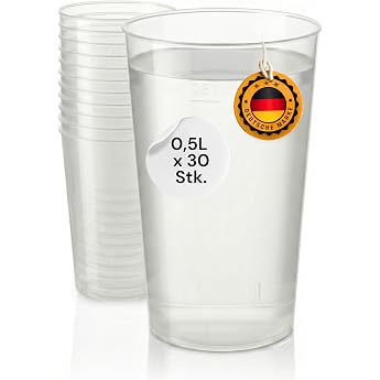 Pack of 30 Reusable Cups 500 ml Made in Germany Reusable Transparent Polypropylene Drinking Cup 0.5 L